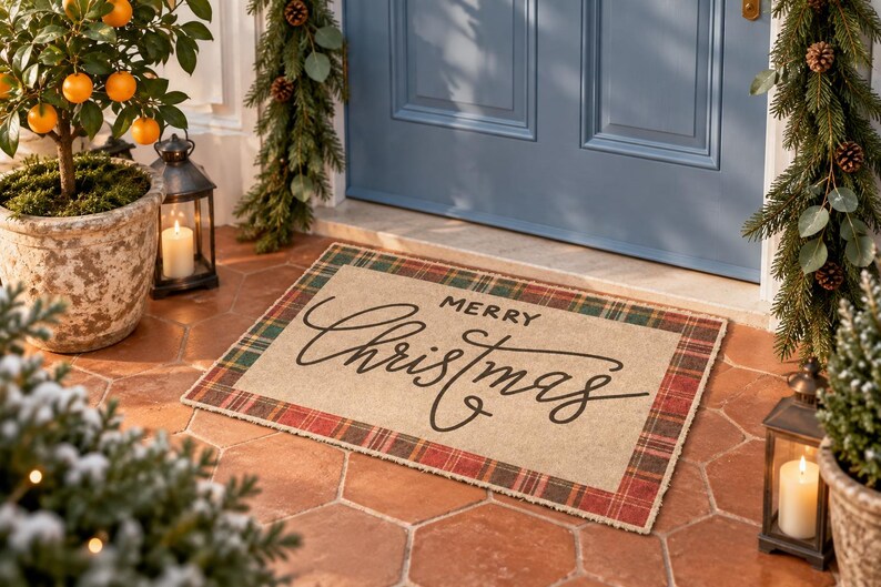 May include: A rectangular doormat with a tan center and a red, green, and white plaid border. The text Merry Christmas is printed in the center in a black script and block font. The mat is positioned on a tiled floor in front of a blue door.