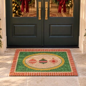 May include: A rectangular doormat featuring a central beige oval with three illustrated Christmas ornaments in red, green, and pink. The mat has a green border, a scalloped yellow frame, and a red and white striped edge on a stone porch.