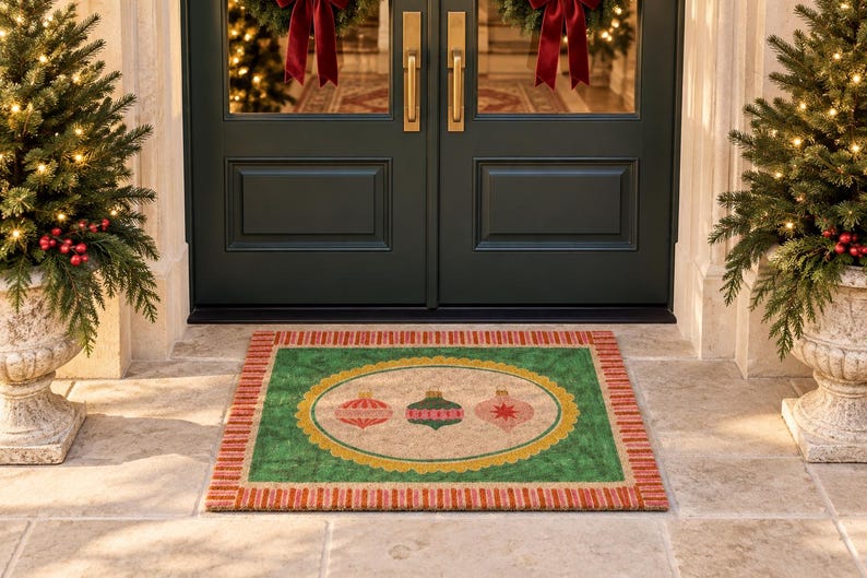 May include: A rectangular doormat featuring a central beige oval with three illustrated Christmas ornaments in red, green, and pink. The mat has a green border, a scalloped yellow frame, and a red and white striped edge on a stone porch.