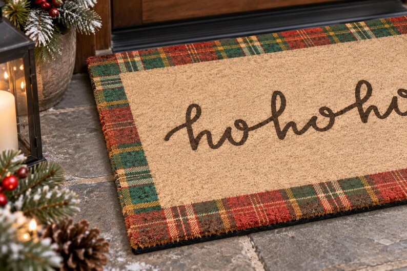 Puede incluir: Un felpudo rectangular de fibra de coco color canela con el texto hohoho en letra cursiva de color marr&oacute;n oscuro. La alfombra est&aacute; bordeada por un patr&oacute;n de cuadros festivo en rojo, verde y dorado. La textura es rugosa y fibrosa.