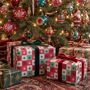 May include: Two square gift boxes wrapped in red, white, and green chequered paper featuring a repeating cannabis leaf pattern. The larger box is tied with a dark green velvet ribbon, while the smaller box features a deep red velvet ribbon.