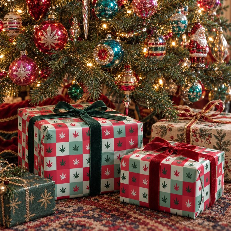 May include: Two square gift boxes wrapped in red, white, and green chequered paper featuring a repeating cannabis leaf pattern. The larger box is tied with a dark green velvet ribbon, while the smaller box features a deep red velvet ribbon.