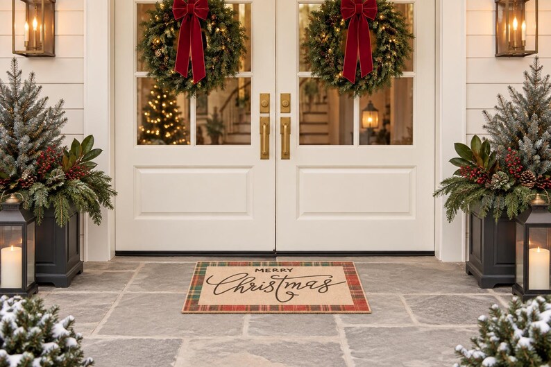May include: A rectangular doormat with a tan center and a red and green plaid border. The text Merry Christmas is printed in black script in the center. The mat is placed on a stone porch in front of double white doors with wreaths.