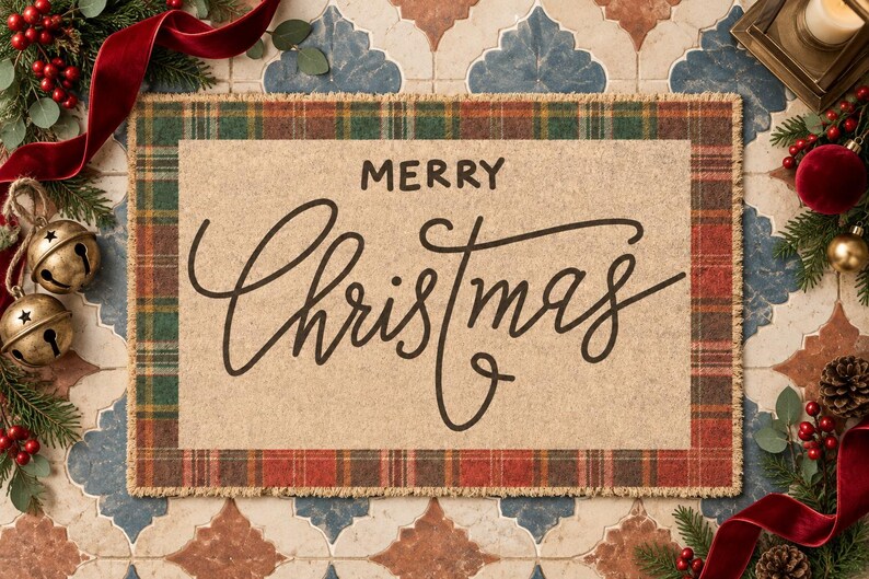 May include: A rectangular doormat with a tan center featuring the black text Merry Christmas in a mix of block and script fonts. The mat has a frayed edge border with a green and red plaid pattern. The design is flat and rectangular in shape.
