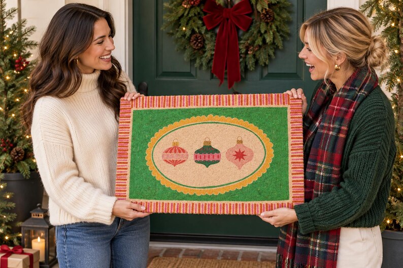 May include: A rectangular coir doormat featuring a green border with a striped red and orange edge. The center has a tan oval with a scalloped yellow frame, displaying three illustrated Christmas ornaments in shades of red, green, and pink.