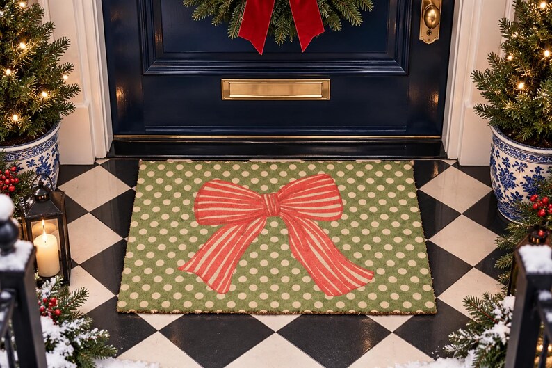 May include: A rectangular doormat featuring a sage green background with a repeating pattern of small cream-coloured polka dots. Centered on the mat is a large, stylised red bow with thin vertical stripes, creating a festive and seasonal appearance.