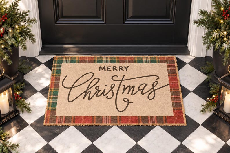 May include: A rectangular doormat with a tan center featuring the black text Merry Christmas in a mix of block and script fonts. The mat is framed by a red and green plaid border with a textured, natural fiber appearance for a festive look.