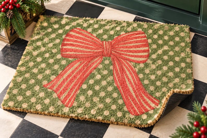 May include: A rectangular coir doormat featuring a green background with a pattern of light tan polka dots. Centered on the mat is a large, prominent red bow with thin, vertical white stripes, creating a festive and decorative appearance for an entryway.