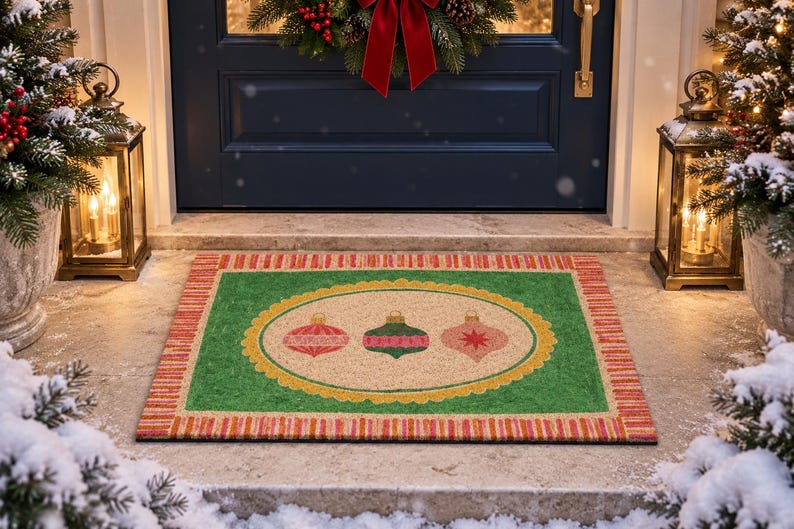 May include: A rectangular doormat featuring a central beige oval with three decorative Christmas ornaments in red, green, and pink. The mat has a green border surrounded by a red and gold striped frame, set against a snowy outdoor entryway.