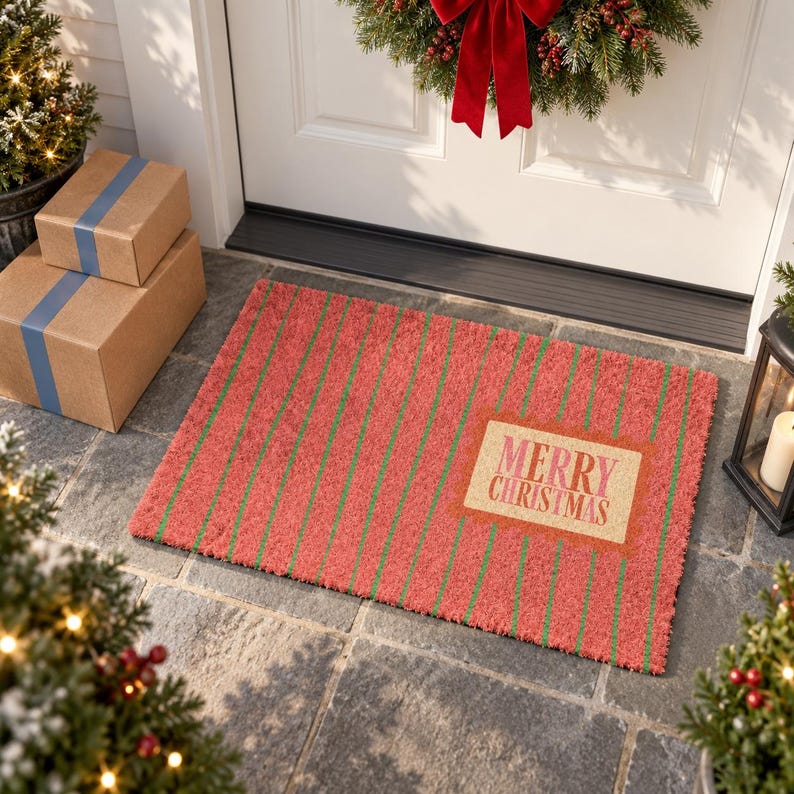 May include: A rectangular coir doormat featuring a red background with thin vertical green stripes. A centered rectangular tan label displays the text Merry Christmas in red and pink lettering. The mat has a coarse, textured surface finish.