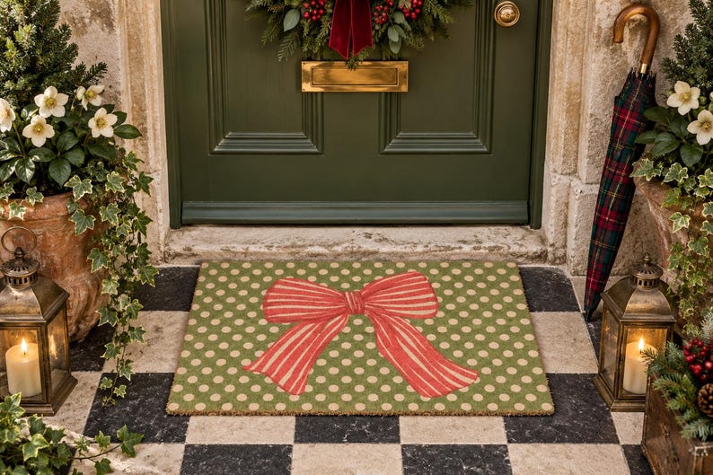 May include: A rectangular doormat featuring a repeating pattern of light beige polka dots on a muted olive green background, centred with a large, prominent red bow with thin vertical stripes, positioned on a black and white chequered floor.
