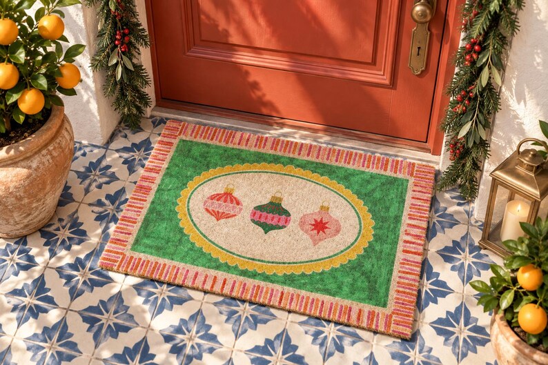 May include: A rectangular doormat featuring a green center with a beige oval frame containing three Christmas ornaments in red, green, and pink. The mat has a striped red and white border and is placed on a tiled floor in front of a red door.