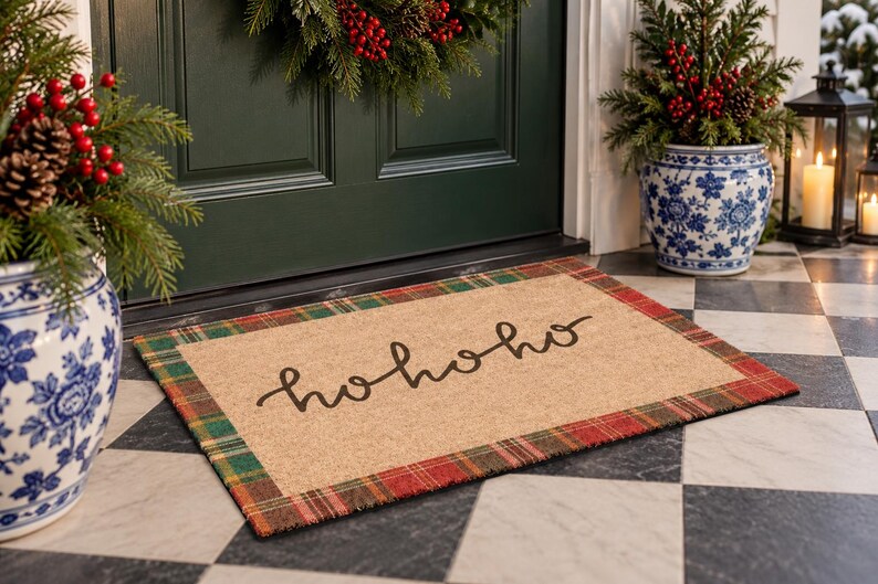 Puede incluir: Un felpudo rectangular con un centro de color tostado natural que presenta el texto negro en cursiva hohoho. La alfombrilla est&aacute; enmarcada por un borde de tela de cuadros rojos y verdes. El dise&ntilde;o es sencillo y funcional para la entrada.