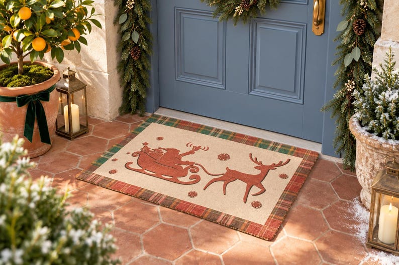 K&ouml;nnte beinhalten: Eine rechteckige Fu&szlig;matte mit beigefarbener Mitte, die eine rote Silhouette des Weihnachtsmanns im Schlitten zeigt, gezogen von einem Rentier und umgeben von kleinen Schneeflocken. Die Matte hat einen rot-gr&uuml;n-goldenen Karorand.