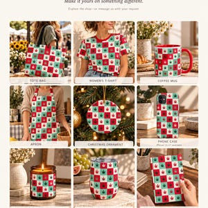 May include: A collection of products featuring a red, white, and teal checkered pattern with green leaf icons, including a tote bag, t-shirt, coffee mug, apron, Christmas ornament, phone case, candle, wine tumbler, and a journal.