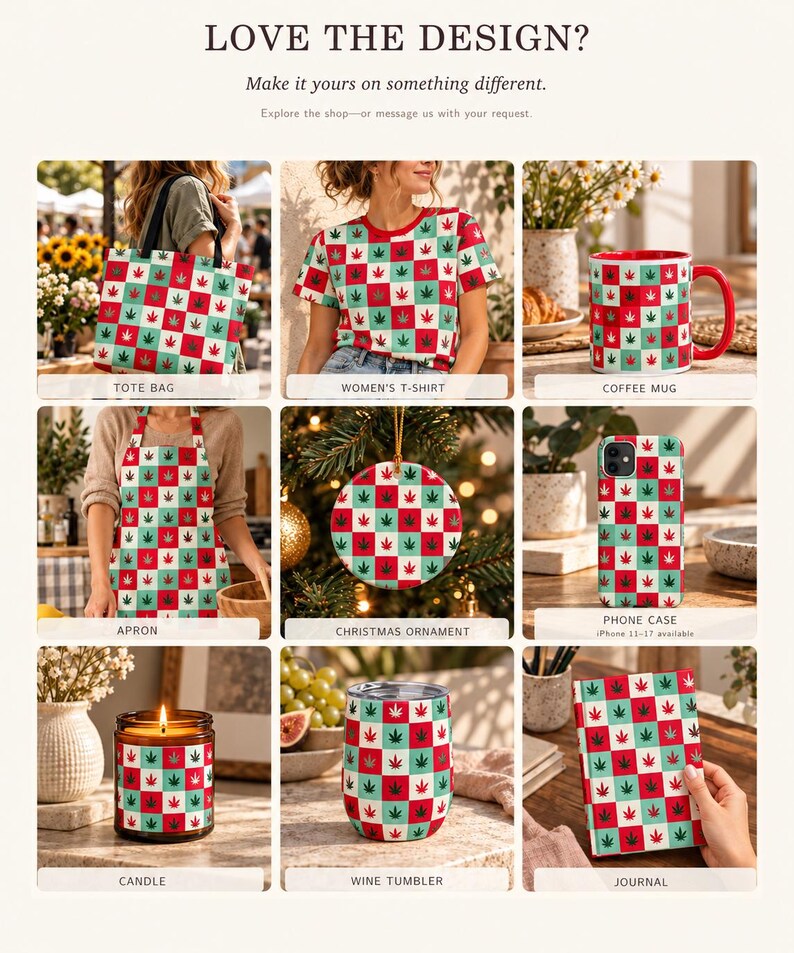 May include: A collection of products featuring a red, white, and teal checkered pattern with green leaf icons, including a tote bag, t-shirt, coffee mug, apron, Christmas ornament, phone case, candle, wine tumbler, and a journal.