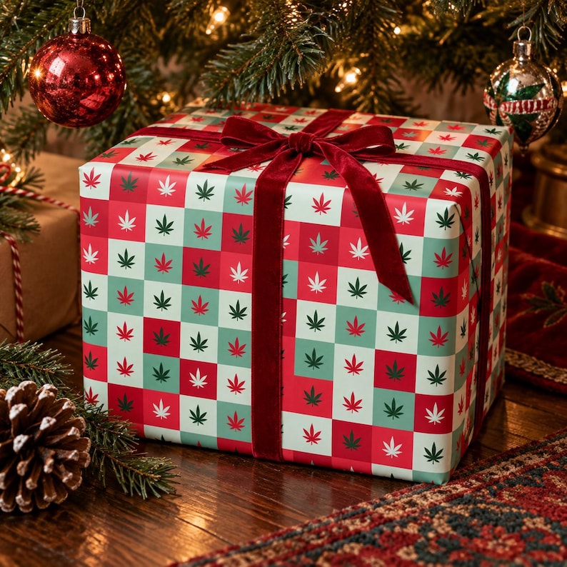 May include: A rectangular gift box wrapped in paper featuring a chequered pattern of red, light green, and dark green squares, each decorated with a small white cannabis leaf icon. The box is tied with a dark red velvet ribbon and bow.