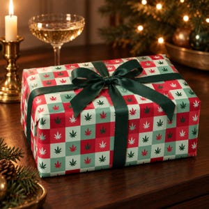 May include: A rectangular gift box wrapped in paper featuring a checkered pattern of red, light green, and white squares, each decorated with a small leaf icon. The box is tied with a dark green satin ribbon tied into a bow on top.