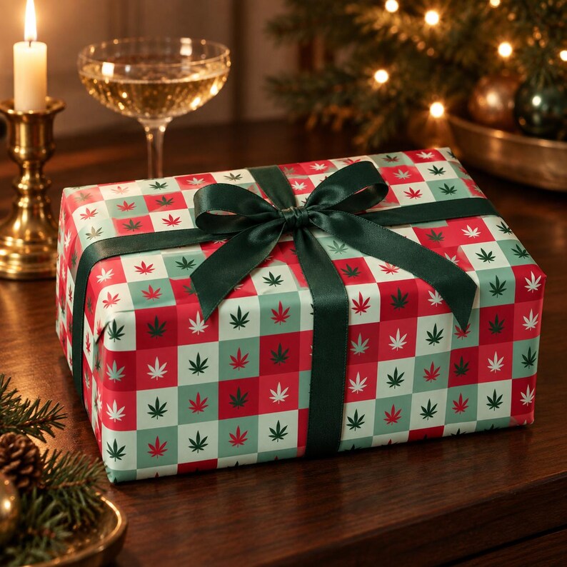 May include: A rectangular gift box wrapped in paper featuring a checkered pattern of red, light green, and white squares, each decorated with a small leaf icon. The box is tied with a dark green satin ribbon tied into a bow on top.