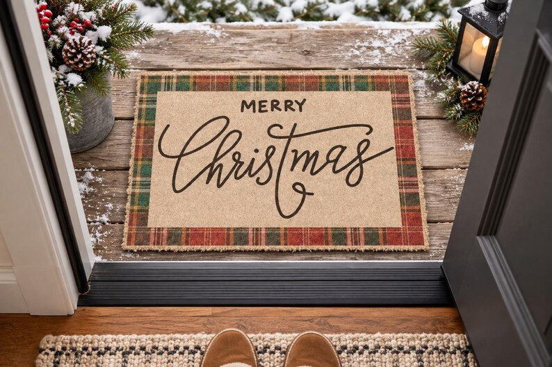 May include: A rectangular doormat with a tan center featuring the black text Merry Christmas in a script font. The mat has a red and green plaid border with a frayed edge. The design is centered on a wooden porch with a snowy outdoor setting.