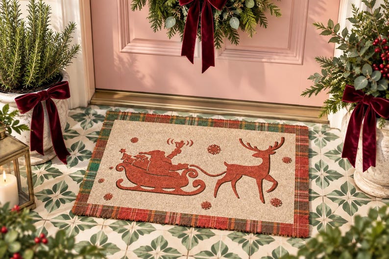 K&ouml;nnte beinhalten: Eine rechteckige Fu&szlig;matte mit naturfarbener Mitte und einem roten Motiv von einem Weihnachtsmann im Schlitten, der von einem Rentier gezogen wird. Die Matte hat einen rot-gr&uuml;nen Karorand und ist mit kleinen roten Schneeflocken verziert.