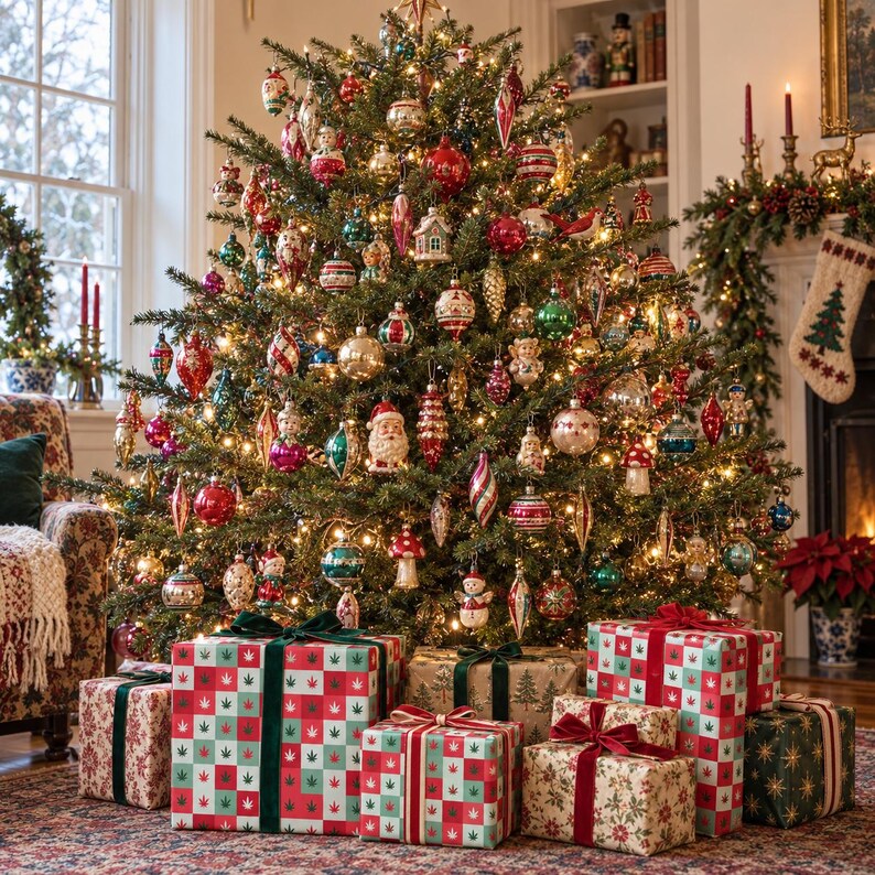 May include: A large, dense Christmas tree decorated with numerous colourful glass ornaments, including spheres, finials, and figures, illuminated by warm string lights. Several wrapped gift boxes with patterned paper and velvet ribbons sit below.