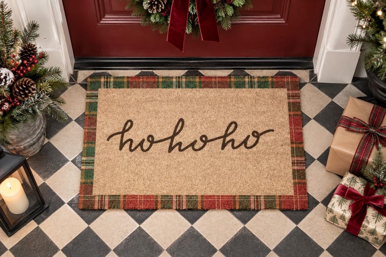Puede incluir: Un felpudo rectangular de fibra de coco con un centro de color tostado natural y el texto hohoho escrito en una caligraf&iacute;a cursiva de color marr&oacute;n oscuro. La alfombra est&aacute; enmarcada por un borde decorativo con un patr&oacute;n de cuadros rojo y verde.