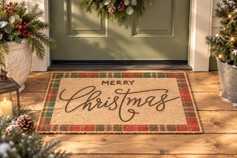 May include: A rectangular coir doormat featuring a central tan surface with the text Merry Christmas in dark brown script and block lettering. The mat is framed by a red, green, and brown plaid border pattern, creating a festive appearance.
