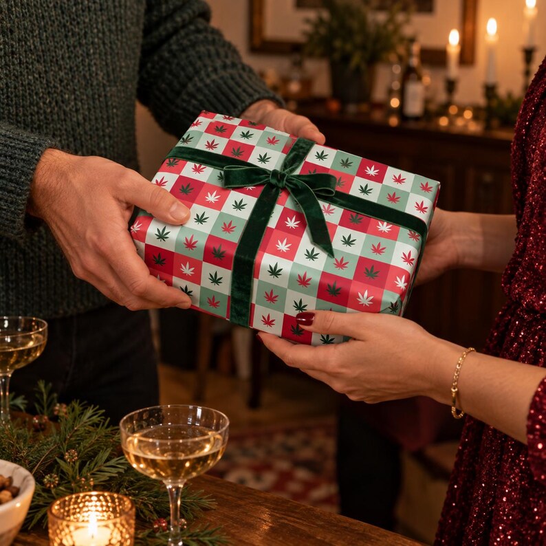 May include: A rectangular gift box wrapped in paper featuring a checkered pattern of alternating red and light green squares, each decorated with a small leaf icon. The package is tied with a dark green velvet ribbon tied in a bow.