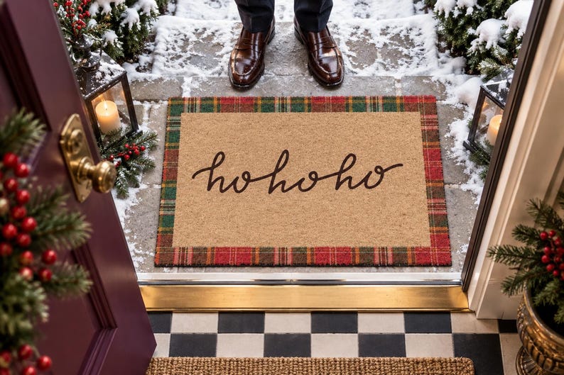 Puede incluir: Un felpudo rectangular de fibra de coco con un centro color canela y el texto hohoho en cursiva negra. La alfombra est&aacute; enmarcada por un borde de cuadros rojos, verdes y amarillos. Se sit&uacute;a sobre un porche de piedra con nieve ante una puerta.