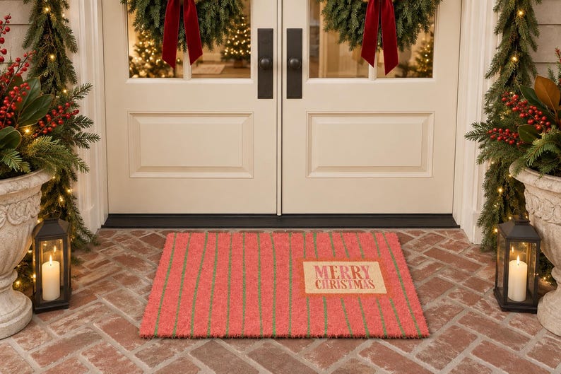 May include: A rectangular doormat featuring a red base with thin vertical green stripes. A rectangular tan patch is positioned on the right side of the mat with the text Merry Christmas printed in a red font across the center of the patch.