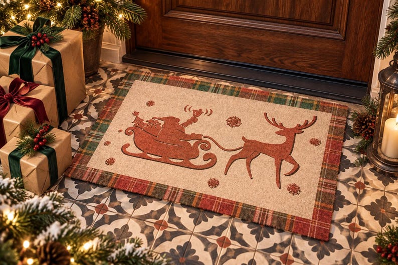 K&ouml;nnte beinhalten: Eine rechteckige Fu&szlig;matte mit beigefarbener Mitte, die eine dunkelrote Silhouette des Weihnachtsmanns im Schlitten, gezogen von einem Rentier, zeigt, umgeben von Schneeflockensymbolen. Die Matte hat einen rot-gr&uuml;n karierten Rand.