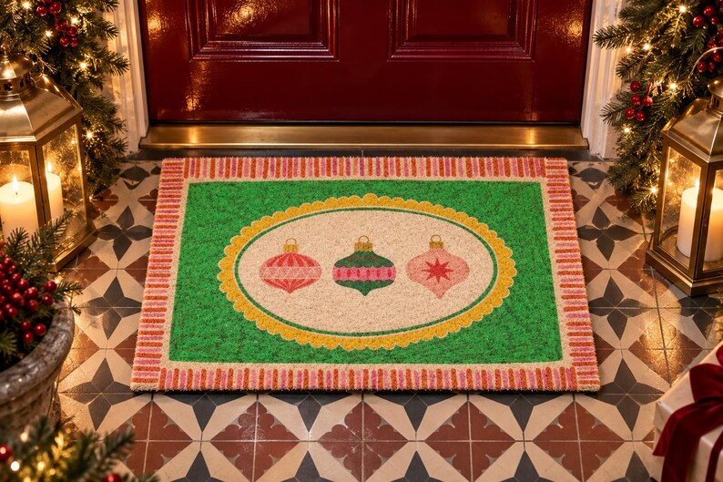 May include: A rectangular doormat featuring a green border with a pink and white striped edge. The center is a cream-colored oval with a yellow scalloped frame, displaying three hanging Christmas ornaments in red, green, and pink colors.
