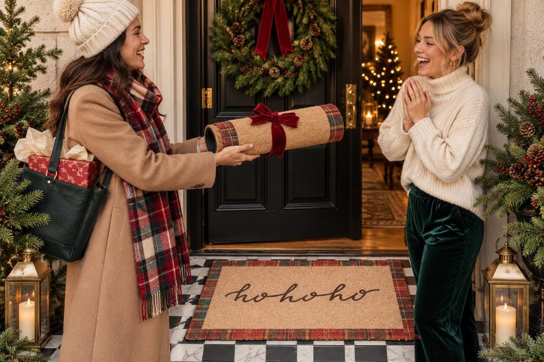 Puede incluir: Un felpudo rectangular de fibra de coco natural con un borde de cuadros rojos y verdes y el texto hohoho en letra cursiva negra. La alfombra se muestra enrollada con un lazo de terciopelo rojo y extendida sobre un suelo de baldosas a cuadros.