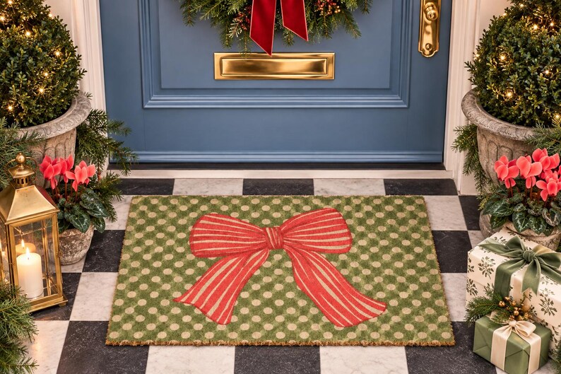 May include: A rectangular doormat featuring a green background with a pattern of light green polka dots and a large, centred red bow with thin vertical stripes. The mat is made of a coarse, natural fibre material with a flat, low-profile design.