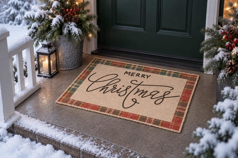 May include: A rectangular doormat with a tan center featuring the black text Merry Christmas in a script font. The mat is bordered by a red, green, and tan plaid pattern. The doormat is positioned on a concrete porch in front of a dark green door.
