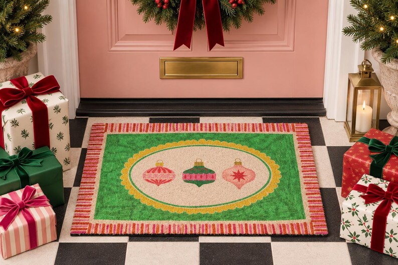 May include: A rectangular doormat featuring a central cream-colored oval with three decorative Christmas ornaments in red, green, and pink. The mat has a bright green border surrounded by a red and pink striped edge, creating a festive look.