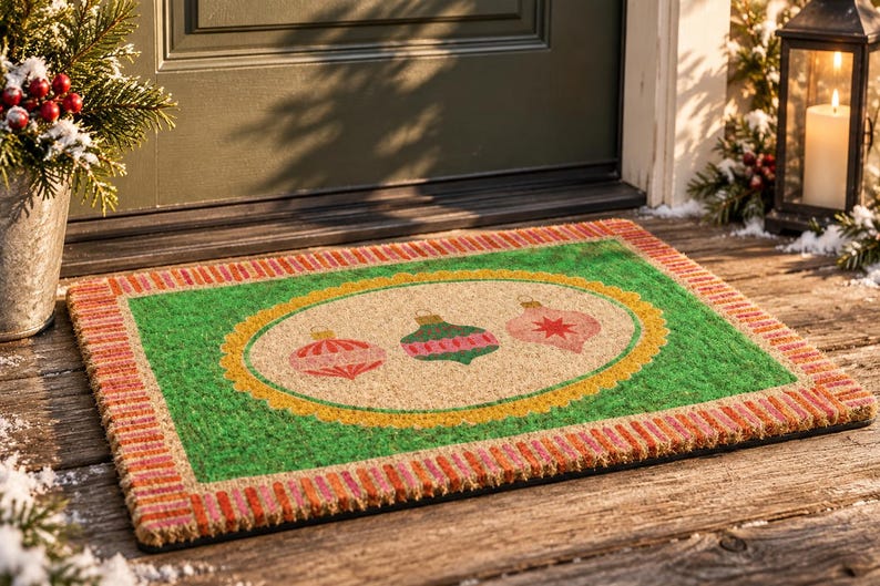 May include: A rectangular coir doormat featuring a green border with a red and orange striped edge. The center has a tan oval framed by a yellow scalloped border, displaying three decorative Christmas ornaments in red, green, and pink hues.