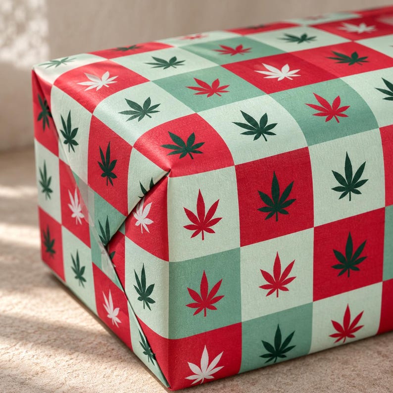 May include: A rectangular gift box wrapped in paper featuring a chequered pattern of alternating light green and red squares. Each square contains a single printed leaf icon, with dark green leaves on light green squares and white leaves on red squares.