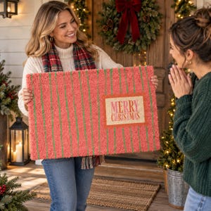 May include: A rectangular coir doormat featuring a coral pink background with vertical green stripes. A central rectangular tan patch displays the text Merry Christmas in a bold, red, serif font. The mat has a coarse, natural fiber texture.
