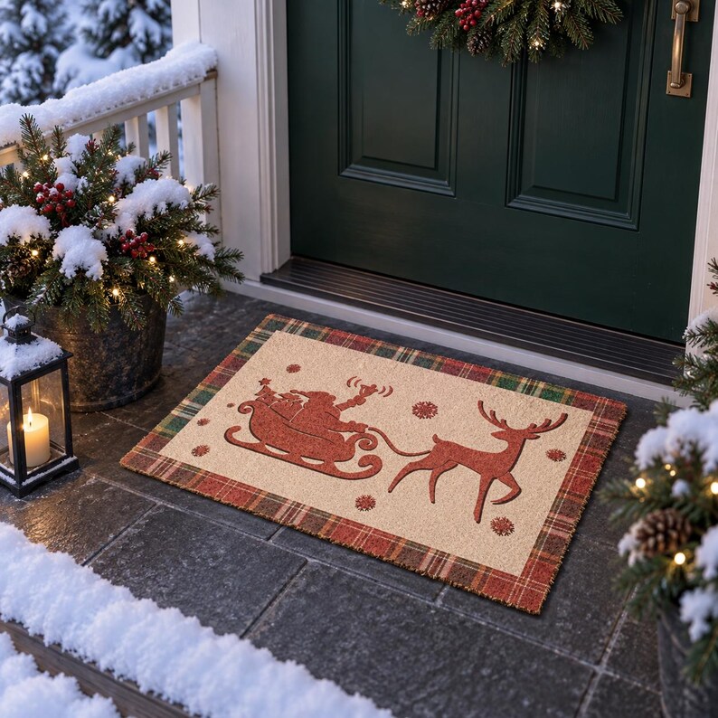 K&ouml;nnte beinhalten: Eine rechteckige Fu&szlig;matte mit beigefarbener Mitte, die eine rote Silhouette des Weihnachtsmanns im Schlitten, gezogen von einem Rentier, zeigt, umgeben von kleinen Schneeflockensymbolen. Die Matte hat einen rot-gr&uuml;nen Karomuster-Rand.