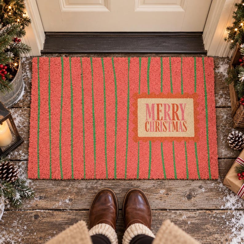 May include: A rectangular doormat with a textured coral red surface featuring vertical green stripes. A central rectangular tan patch with a scalloped orange border displays the text Merry Christmas in pink and red lettering.