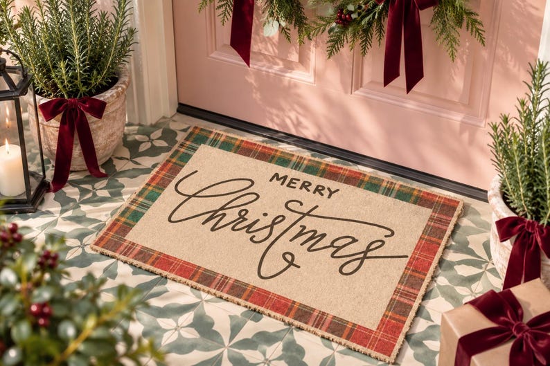 May include: A rectangular doormat with a tan center and a red and green plaid border. The text "MERRY" is printed in a simple sans-serif font above the word "Christmas" written in a large, black, flowing cursive script across the center.
