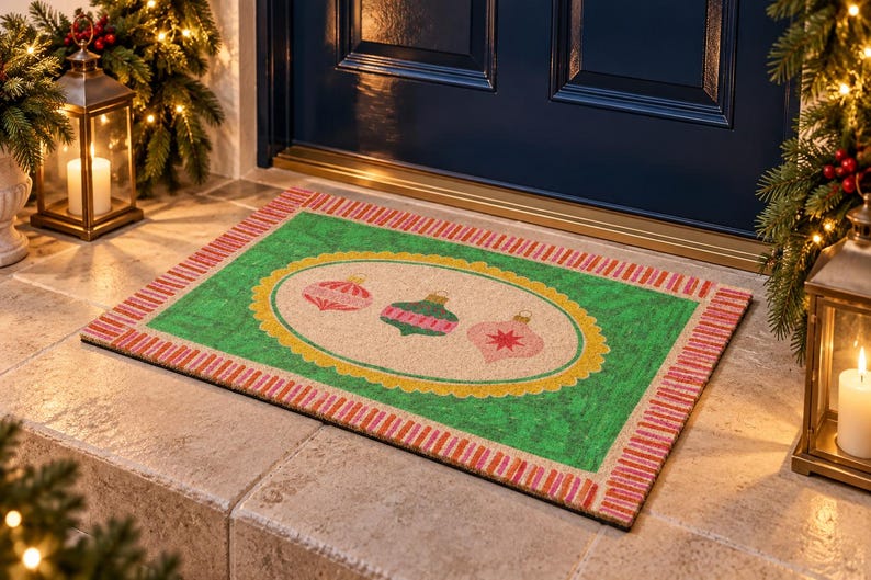 May include: A rectangular doormat featuring a green border with a red and white striped edge. The center has an oval cream-colored field with a yellow scalloped border, displaying three illustrated Christmas ornaments in pink, green, and red.