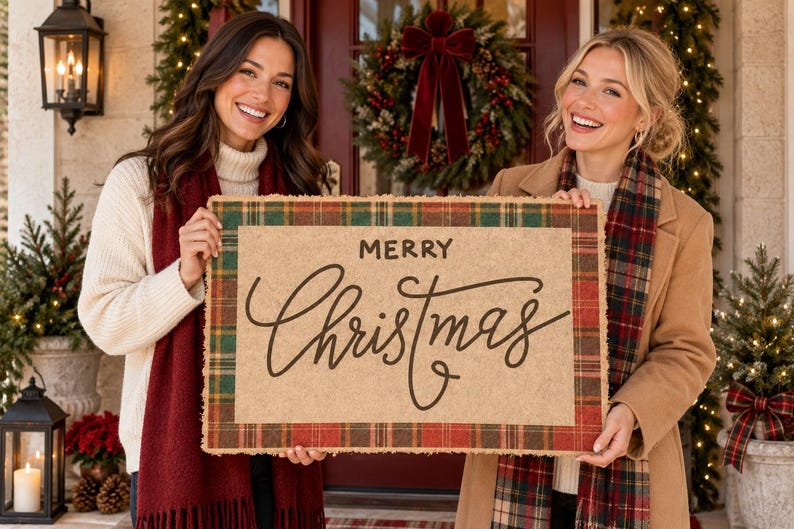 May include: A rectangular coir doormat featuring a natural tan center with the text Merry Christmas in black script lettering, framed by a red, green, and gold plaid border with a frayed edge, designed for seasonal holiday home entryway decor.