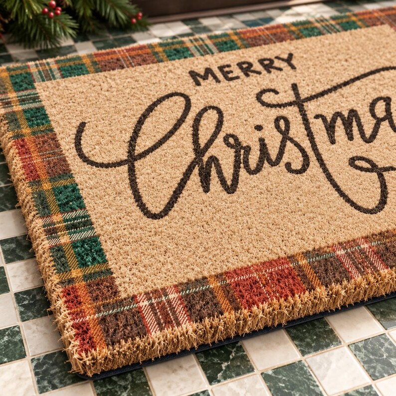 May include: A rectangular coir doormat with a natural tan center featuring the black text Merry Christmas in a script font. The border consists of a woven plaid pattern in shades of green, red, brown, and yellow, creating a textured frame.