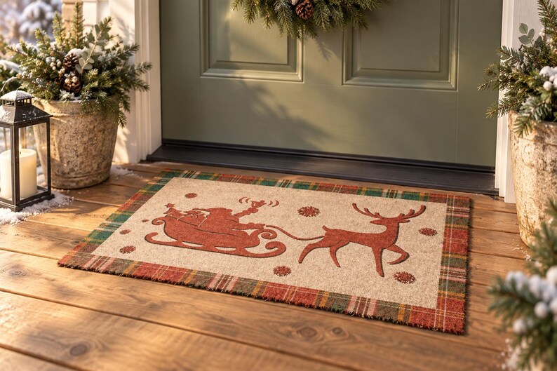 K&ouml;nnte beinhalten: Eine rechteckige Fu&szlig;matte mit beigefarbener Mitte, die eine rote Silhouette des Weihnachtsmanns im Schlitten, gezogen von einem Rentier, zeigt. Die Matte hat einen rot-gr&uuml;n-goldenen Karorand. Kleine rote Schneeflocken sind verteilt.