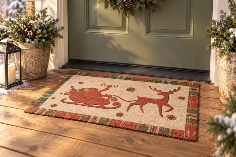 K&ouml;nnte beinhalten: Eine rechteckige Fu&szlig;matte mit beigefarbener Mitte, die eine rote Silhouette des Weihnachtsmanns im Schlitten, gezogen von einem Rentier, zeigt. Die Matte hat einen rot-gr&uuml;n-goldenen Karorand. Kleine rote Schneeflocken sind verteilt.