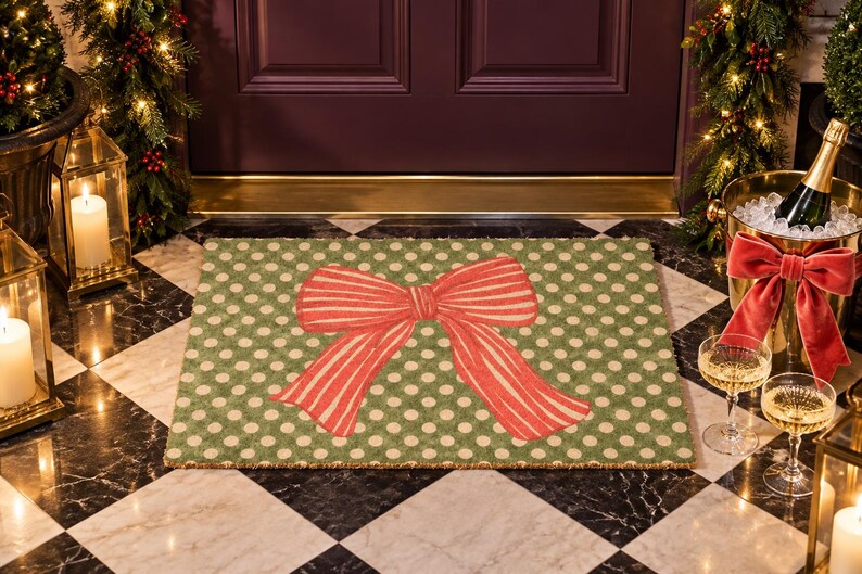 May include: A rectangular doormat featuring a green background with a pattern of small white polka dots and a large, centred red and white striped bow graphic. The mat is made of a coarse, natural fibre material with a flat, low-profile design.