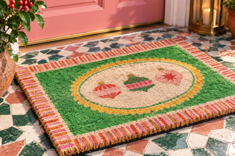 May include: A rectangular coir doormat featuring a green border with a striped pink and orange edge. The center has a beige oval with a yellow scalloped frame, displaying three illustrated Christmas ornaments in shades of pink and green.